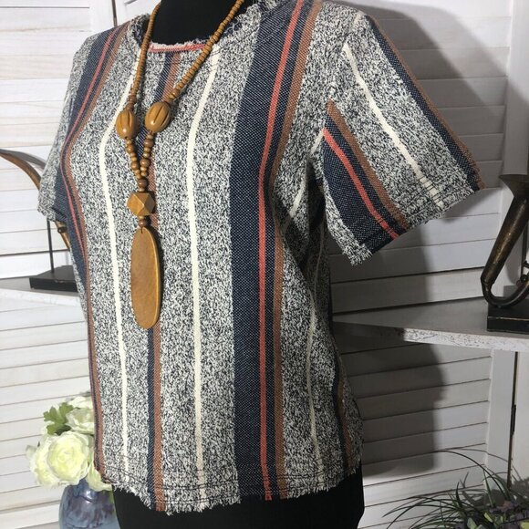 Ann Taylor Boho Blouse Cotton Short Sleeve Striped Gray Blue Cream Small - Picture 5 of 8